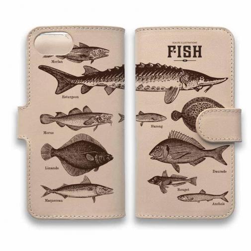 【手帳型】高級本革スマホケース ビンテージな魚図鑑