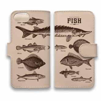 【手帳型】高級本革スマホケース ビンテージな魚図鑑