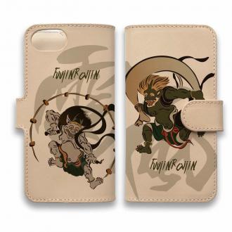【手帳型】高級本革スマホケース 風神雷神