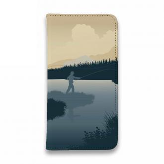 【手帳型ベルトなし】【Stick Case】川岸のフライフィッシャー　ブルー