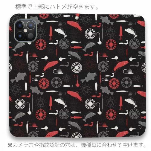 【手帳型ベルトなし】【Stick Case】リールと魚とジグヘッドとワーム　シームレスパターン