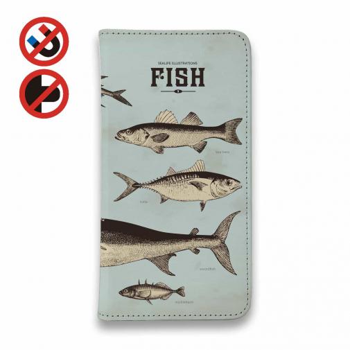 【手帳型ベルトなし】【Stick Case】ビンテージな魚図鑑 ブルー