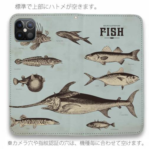 【手帳型ベルトなし】【Stick Case】ビンテージな魚図鑑　ブルー