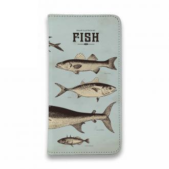 【手帳型ベルトなし】【Stick Case】ビンテージな魚図鑑　ブルー