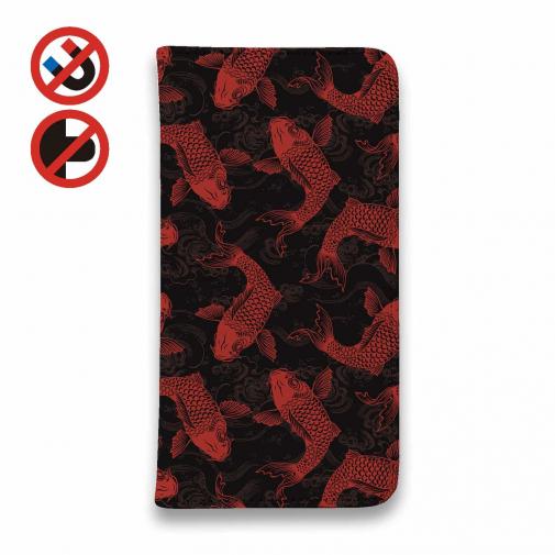 【手帳型ベルトなし】【Stick Case】ブラック&レッド 錦鯉のシームレス 和風柄