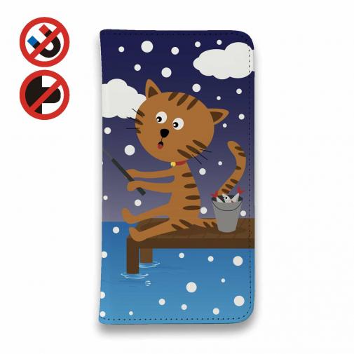 【手帳型ベルトなし】【Stick Case】猫と釣り 本日は雪なり