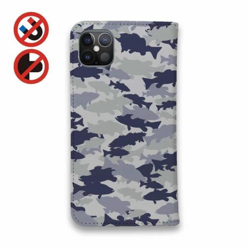 【手帳型ベルトなし】【Stick Case】ブラックバス　迷彩大柄　ライトブルー