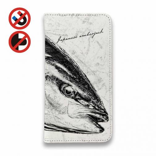 【手帳型ベルトなし】【Stick Case】鰤(ブリ)　墨絵風　白