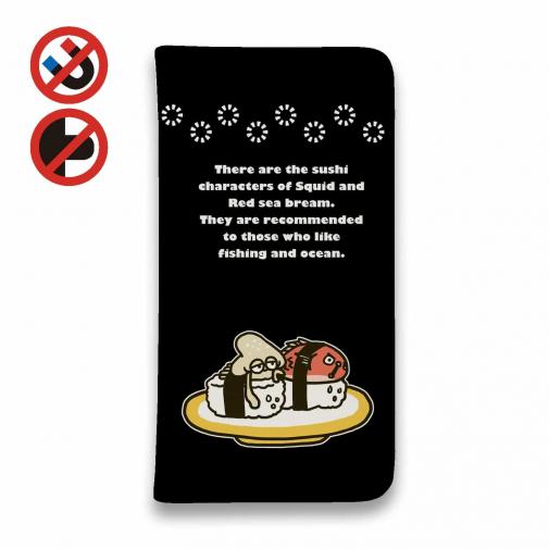 【手帳型ベルトなし】【Stick Case】マダイ&イカ　ブラック&ホワイトバージョン