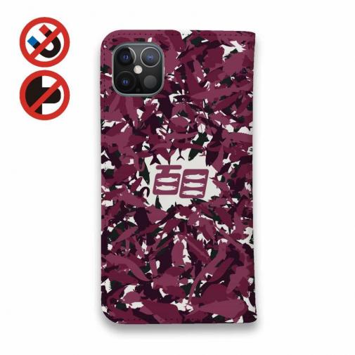 【手帳型ベルトなし】【Stick Case】あかり　百目ロゴ　迷彩ワインレッド