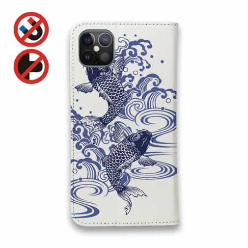 【手帳型ベルトなし】【Stick Case】タトゥー風昇り鯉　ブルー&ホワイト