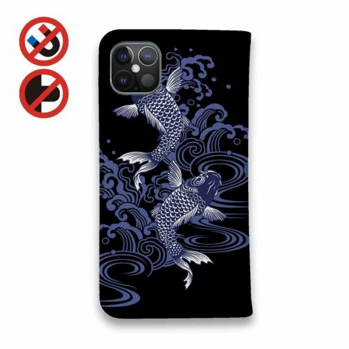 【手帳型ベルトなし】【Stick Case】タトゥー風昇り鯉　ブルー&ブラック