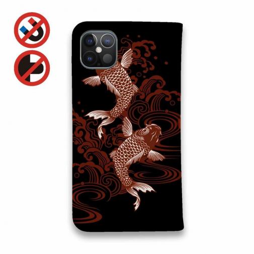 【手帳型ベルトなし】【Stick Case】タトゥー風昇り鯉　レッド&ブラック