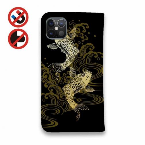 【手帳型ベルトなし】【Stick Case】タトゥー風昇り鯉　ゴールド&ブラック