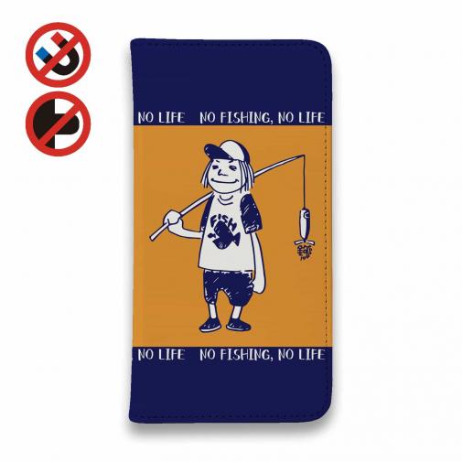 【手帳型ベルトなし】【Stick Case】【釣りざんまい】釣りに行く? オレンジ×ネイビー