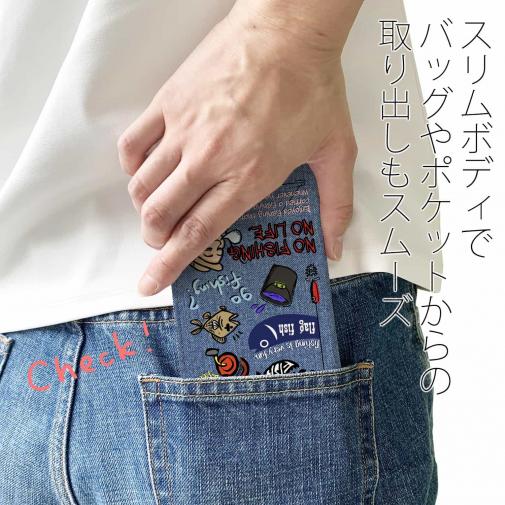 【手帳型ベルトなし】【Stick Case】【釣りざんまい】 釣り好きですがなにか?_カラフルデニム風