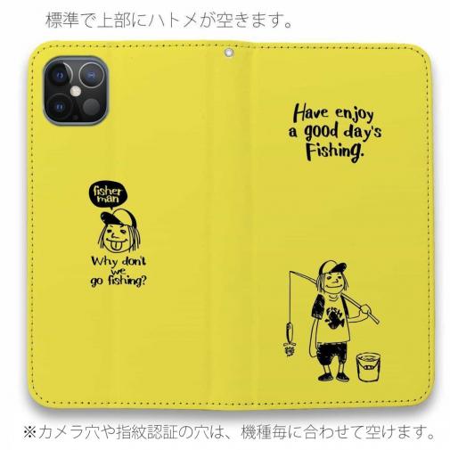 【手帳型ベルトなし】【Stick Case】【釣りざんまい】 一日釣りを楽しむアングラー_イエロー