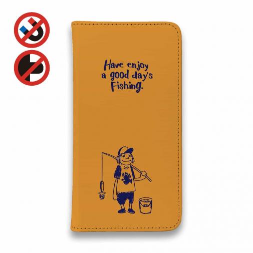 【手帳型ベルトなし】【Stick Case】【釣りざんまい】 一日釣りを楽しむアングラー_オレンジ