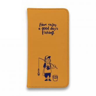 【手帳型ベルトなし】【Stick Case】【釣りざんまい】 一日釣りを楽しむアングラー_オレンジ