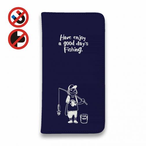 【手帳型ベルトなし】【Stick Case】【釣りざんまい】 一日釣りを楽しむアングラー_ネイビー