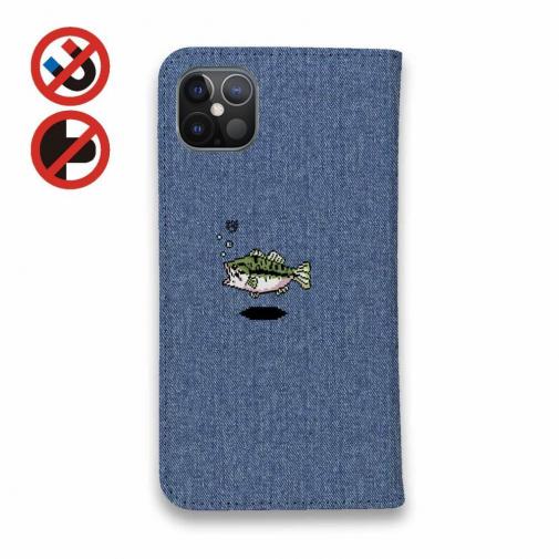 【手帳型ベルトなし】【Stick Case】【釣りざんまい】ドット絵のブラックバス_カラフルデニム風