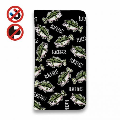 【手帳型ベルトなし】【Stick Case】【釣りざんまい】ドット絵のブラックバスがいっぱい_カラフルブラック