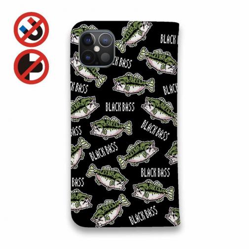 【手帳型ベルトなし】【Stick Case】【釣りざんまい】ドット絵のブラックバスがいっぱい_カラフルブラック