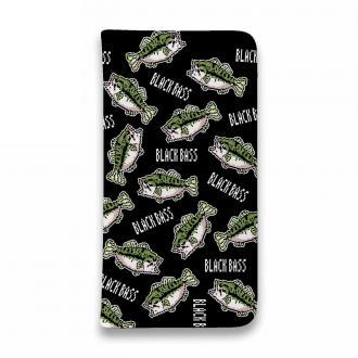 【手帳型ベルトなし】【Stick Case】【釣りざんまい】ドット絵のブラックバスがいっぱい_カラフルブラック
