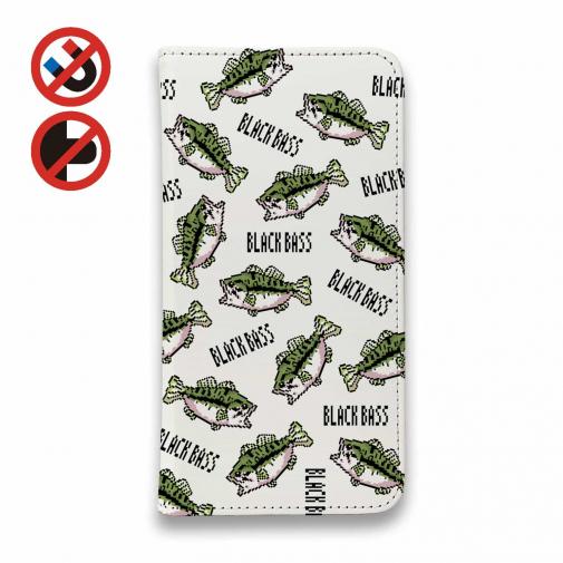 【手帳型ベルトなし】【Stick Case】【釣りざんまい】ドット絵のブラックバスがいっぱい_カラフルホワイト