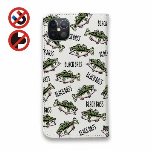 【手帳型ベルトなし】【Stick Case】【釣りざんまい】ドット絵のブラックバスがいっぱい_カラフルホワイト
