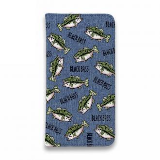 【手帳型ベルトなし】【Stick Case】【釣りざんまい】ドット絵のブラックバスがいっぱい_カラフルデニム風