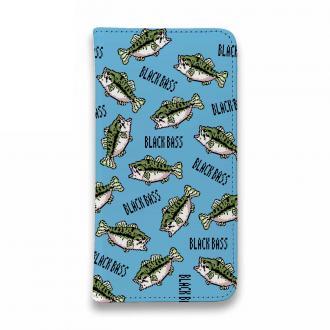 【手帳型ベルトなし】【Stick Case】【釣りざんまい】ドット絵のブラックバスがいっぱい_カラフルスカイブルー