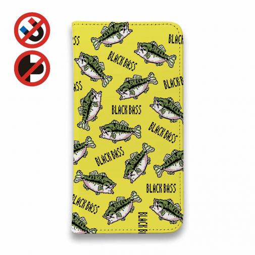 【手帳型ベルトなし】【Stick Case】【釣りざんまい】ドット絵のブラックバスがいっぱい_カラフルイエロー