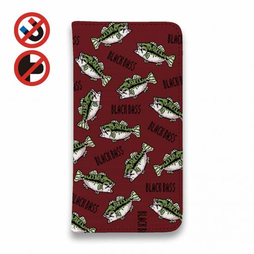 【手帳型ベルトなし】【Stick Case】【釣りざんまい】ドット絵のブラックバスがいっぱい_カラフルレッド