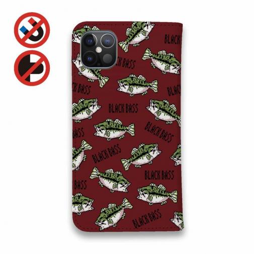 【手帳型ベルトなし】【Stick Case】【釣りざんまい】ドット絵のブラックバスがいっぱい_カラフルレッド