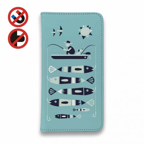 【手帳型ベルトなし】【Stick Case】【釣りざんまい】愛犬と釣りを楽しむアングラー_カラフルミントブルー