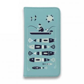 【手帳型ベルトなし】【Stick Case】【釣りざんまい】愛犬と釣りを楽しむアングラー_カラフルミントブルー