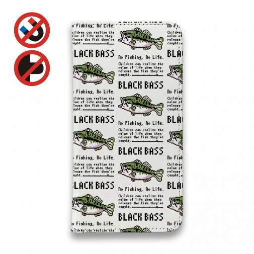 【手帳型ベルトなし】【Stick Case】【釣りざんまい】ドット絵のブラックバス_英字新聞風ホワイト