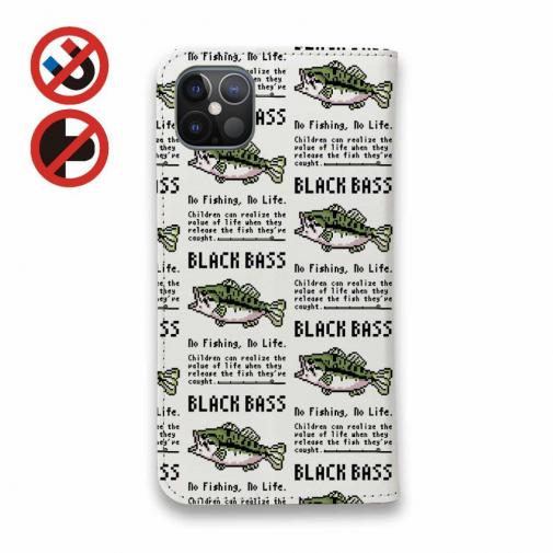 【手帳型ベルトなし】【Stick Case】【釣りざんまい】ドット絵のブラックバス_英字新聞風ホワイト