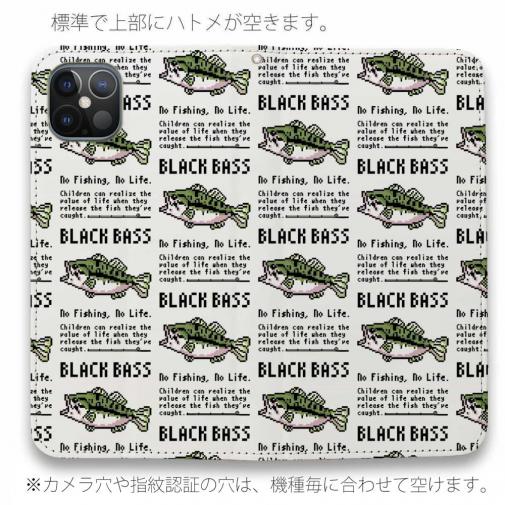 【手帳型ベルトなし】【Stick Case】【釣りざんまい】ドット絵のブラックバス_英字新聞風ホワイト