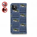 【手帳型ベルトなし】【Stick Case】【釣りざんまい】ドット絵のブラックバス_英字新聞風デニム