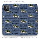 【手帳型ベルトなし】【Stick Case】【釣りざんまい】ドット絵のブラックバス_英字新聞風デニム