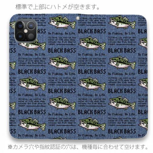 【手帳型ベルトなし】【Stick Case】【釣りざんまい】ドット絵のブラックバス_英字新聞風デニム