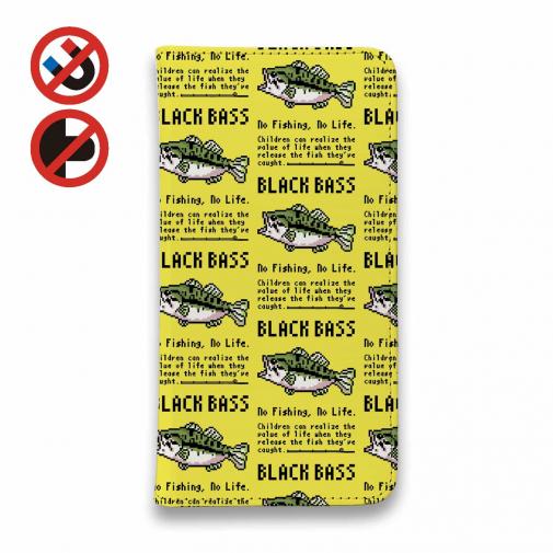 【手帳型ベルトなし】【Stick Case】【釣りざんまい】ドット絵のブラックバス_英字新聞風イエロー