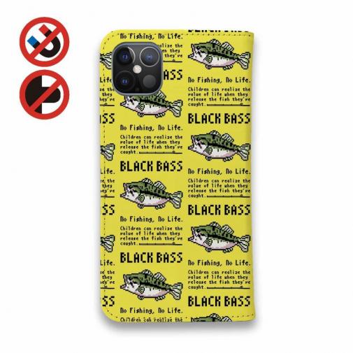 【手帳型ベルトなし】【Stick Case】【釣りざんまい】ドット絵のブラックバス_英字新聞風イエロー