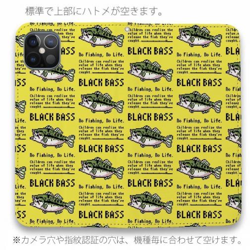 【手帳型ベルトなし】【Stick Case】【釣りざんまい】ドット絵のブラックバス_英字新聞風イエロー