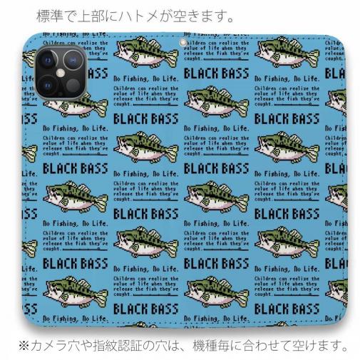 【手帳型ベルトなし】【Stick Case】【釣りざんまい】ドット絵のブラックバス_英字新聞風スカイブルー