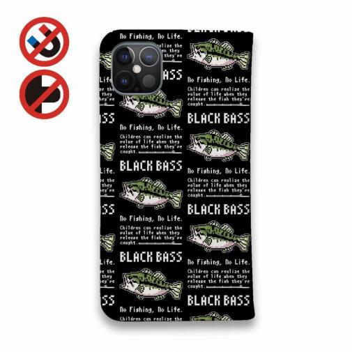 【手帳型ベルトなし】【Stick Case】【釣りざんまい】ドット絵のブラックバス_英字新聞風ブラック