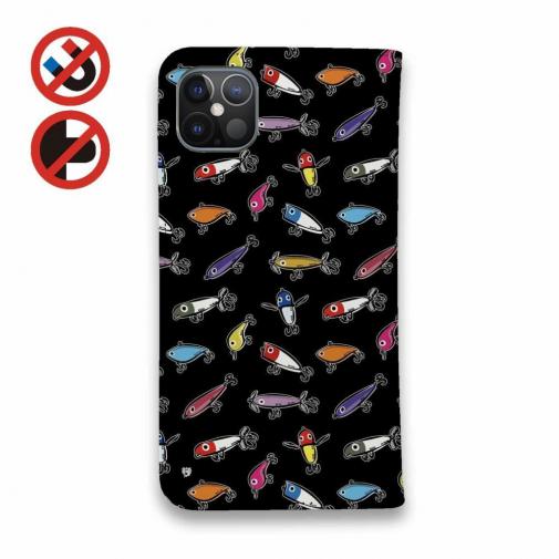 【手帳型ベルトなし】【Stick Case】【釣りざんまい】ルアーコレクション_カラフルブラック