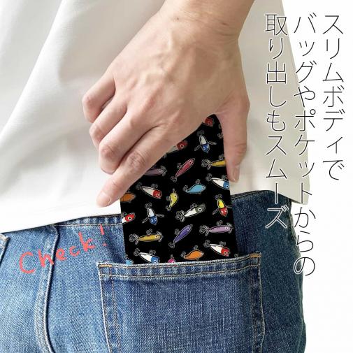 【手帳型ベルトなし】【Stick Case】【釣りざんまい】ルアーコレクション_カラフルブラック
